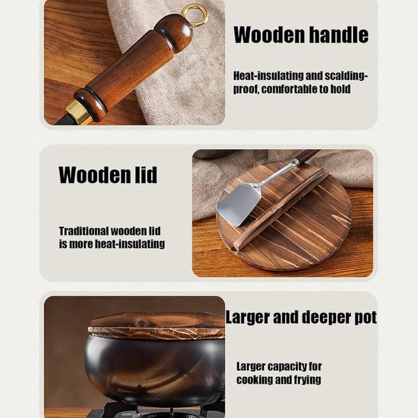 Japanese Hand-Forged Non-Stick Iron Pan without Coating Durable and Rust-Free, round Bottom Wok with Wooden Lid Lid for Cooker Gas Stir Fry Pans round Bottom (Type A,11Inch)4