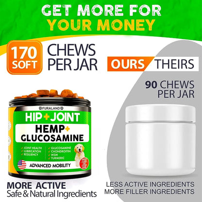 Hemp Hip and Joint Supplement for Dogs - Glucosamine for Dogs - 170 Dog Joint Pain Relief Treats - Chondroitin, Hemp Oil, MSM - Mobility & Flexibility Support - Advanced Care Health - Made in USA5