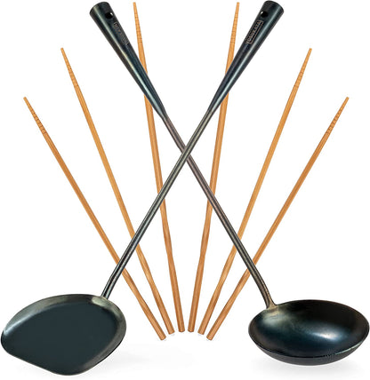 Carbon Steel Flat Bottom Wok Pan 13,5“ with Pre-Seasoned Utensils Set - Blue Carbon Steel 17-Inch Wok Spatula, Ladle, 3 Pairs of Chopsticks7