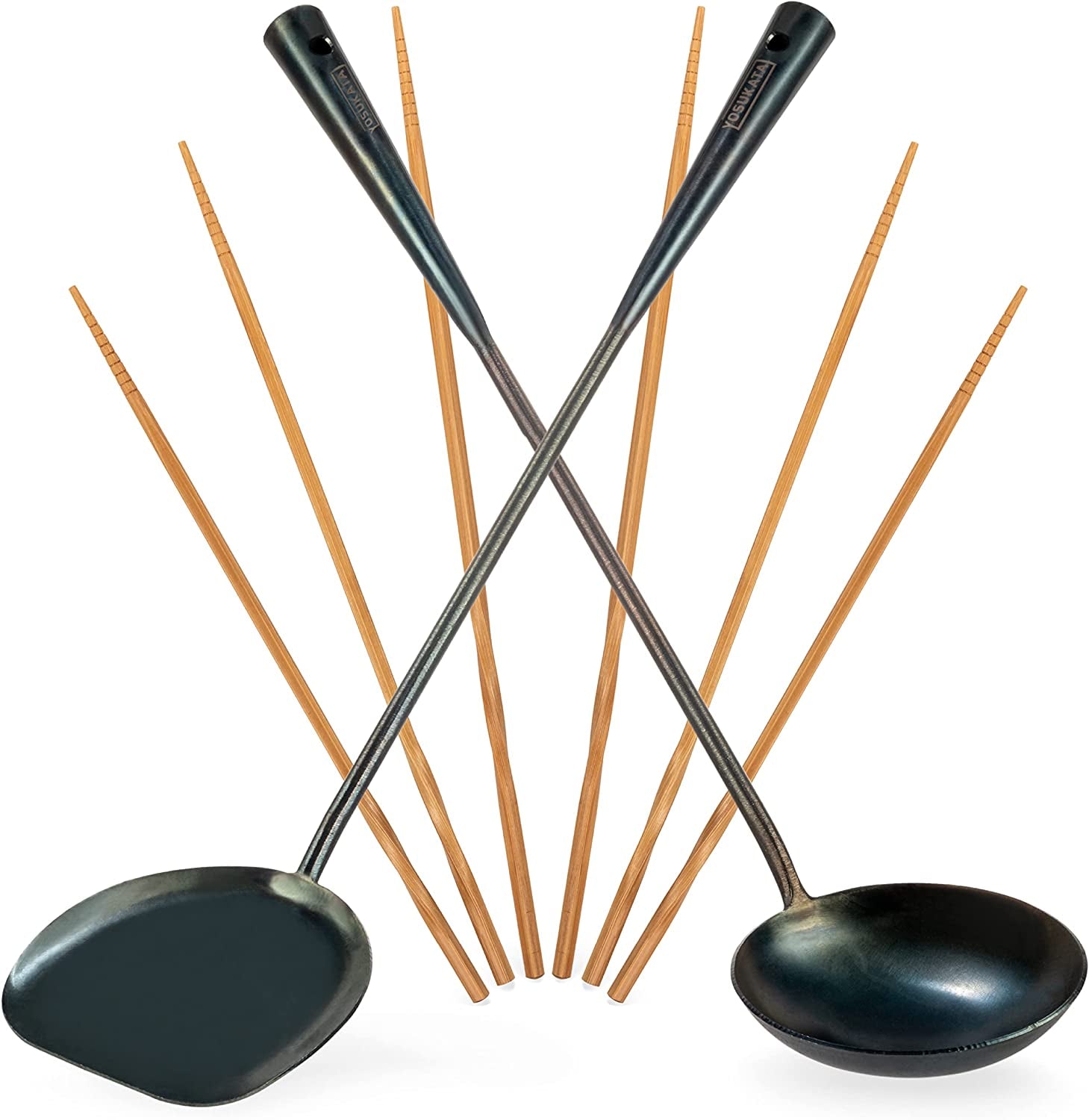 17-blue-carbon-steel-wok-spatula-and-ladle-3-pairs-chopsticks-durable-wok-utensils-set-of-5-traditional-asian-cooking-tools-and-accessories