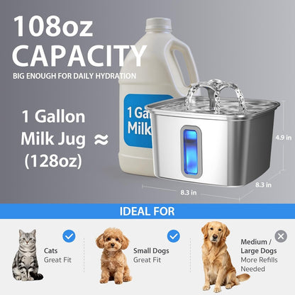 Veken Innovation Award Winner Stainless Steel Cat Water Fountain, 108Oz | Automatic Pet Fountain Dog Water Dispenser with 3 Replacement Filters & Silicone Mat, Gifts for Cats, Dogs (Silver)4