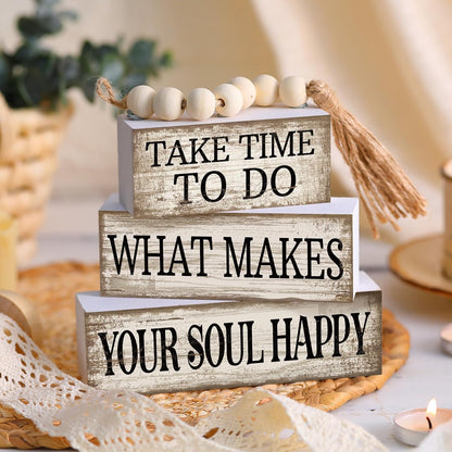 4 Pcs Farmhouse Tabletop Decoration Inspirational Tiered Tray Decor | Rustic Wooden Block Sign Take Time to Do What Makes Your Soul Happy Blocks with Beads Tassel,Home Shelf Centerpiece2