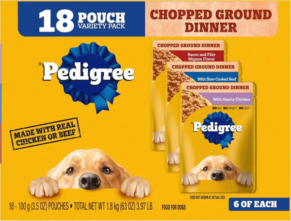 Pedigree Chopped Dinner Wet Dog Food Pouch, Variety Pack, 3.5 Oz, 30 Count | Chicken & Beef, Steam Cooked with Real Animal Protein, No Added Sugar, No Artificial Flavors, Serve as Topper or Meal16