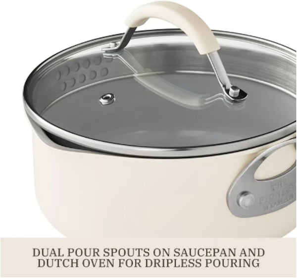 Pioneer Woman 17-Piece Ceramic Cookware Set with Strainer Lids and Cookie Sheet with Rack - Nonstick Pots and Pans Set (Cream)7