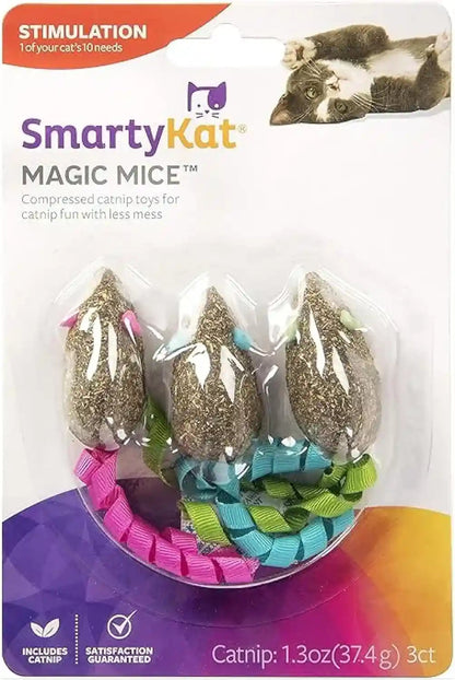 Smartykat Magic Mice Compressed Catnip and Ribbon Cat Toys, Mess-Free for Hunting & Batting Fun for Cats & Kittens, Set of 31