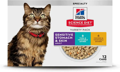 Hill'S Science Diet Sensitive Stomach & Skin Wet Cat Food Variety Pack | #1 Veterinarian Recommended, Adult Formula, Tuna & Vegetable, Chicken & Vegetable, 2.9 Oz. Cans, 12-Pack1