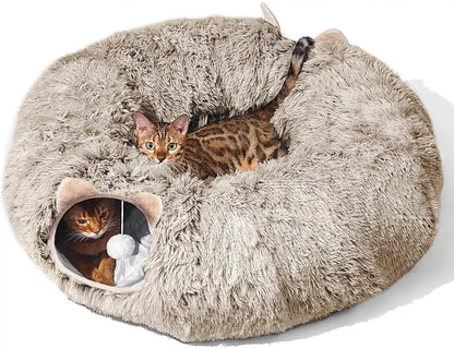 Cat Tunnel with Cat Bed for Indoor Cats, under Christmas Tree Soft Plush Peekaboo Cat Cave Donut Tunnel, Multifunctional Playground Toys Hideplace for Kittens, Rabbit, Ferret (Grey)10