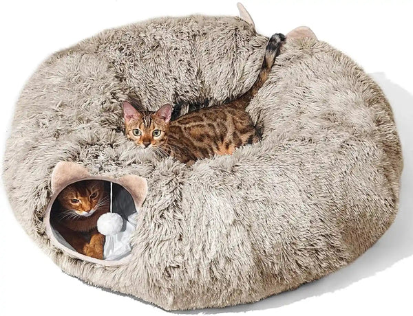 Cat Tunnel with Cat Bed for Indoor Cats, under Christmas Tree Soft Plush Peekaboo Cat Cave Donut Tunnel, Multifunctional Playground Toys Hideplace for Kittens, Rabbit, Ferret (Grey)10