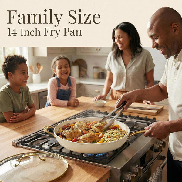 14 Inch Large Nonstick Frying Pan with Lid, Cream | Extra Large Skillet, PFOA/PFOS/PTFE Free Ceramic Coating, Stay-Cool Handle, Oven & Dishwasher Safe2