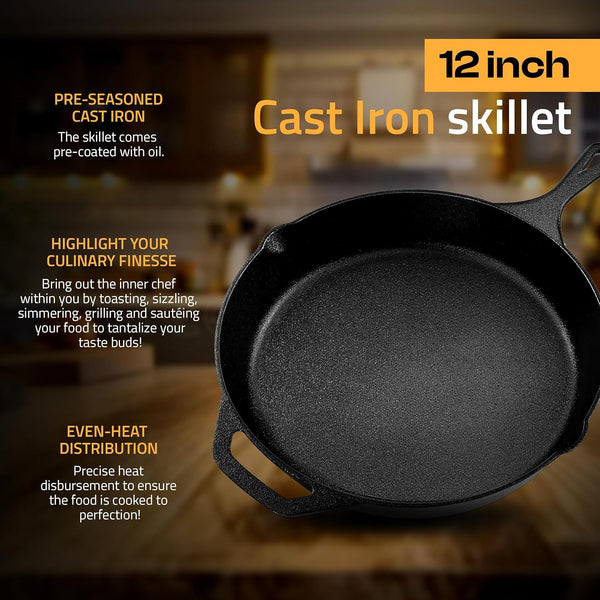 Cast Iron Skillet 12 Inch Pre-Seasoned Pfas-Free Black | Chef Pan, Even Heat Distribution, Stovetop, Oven, Campfire and Grill Safe, Large Skillet, Indoor Outdoor Use4