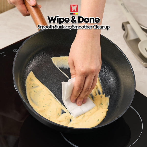 Aluminum Body Flat Bottom Wok, Restaurant & Business Grade Fry Pan Titanium Coated Non-Stick Surface, Wooden Handle, Made in Korea, Deep Large Skillet, Black(17.91"L X 11.22"W X 3.15"H)2