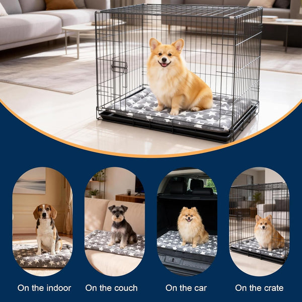 Washable Dog Bed Mat with Anti-Slip Bottom, Deluxe Plush Memory Foam Crate Pad & Waterproof Outdoor Kennel Mat for Dogs & Cats-Durable Crates Beds, Large Medium Small Puppy Size 36" X 24",Blue3