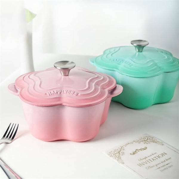 Enameled Cast Iron Dutch Oven Floral-Shaped Pot with Lid, Dual Handles, Works on All Stovetops, Oven Safe to 500°F, 2.5 Quart, Pink8