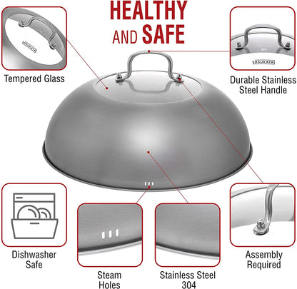 Premium Stainless Steel Wok Lid 12.8 Inch for 13.5 in Wok | Dishwasher-Safe Lid with Tempered Glass - Steam Holes -Ergonomic Handle, Cheese Melting Dome for Griddle, Grill Basting Cover2