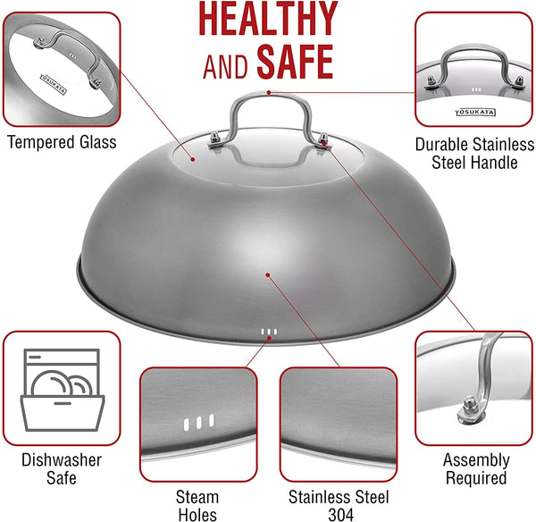 Premium Stainless Steel Wok Lid 12.8 Inch for 13.5 in Wok | Dishwasher-Safe Lid with Tempered Glass - Steam Holes -Ergonomic Handle, Cheese Melting Dome for Griddle, Grill Basting Cover2