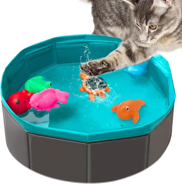 Cat Pool Toy, Water Toys for Cats, Best Cat Toys for Bored Indoor Cats, Hunting Toys for Indoor Catss, Portable Play Mat, Pet Swimming Pool for Self Play Enrichment (1Pcs Pool + 6Pcs Toy)1