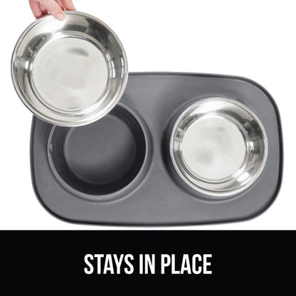 GORILLA GRIP Patented Dog Bowl Set with Slip Resistant Silicone Feeding Mat, Food Grade 304 Stainless Steel Bowls, BPA Free High Edge Spill Containment Dishwasher Safe, Finger Notch Removal 2 Cup Gray4