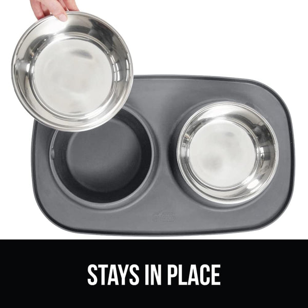 GORILLA GRIP Patented Dog Bowl Set with Slip Resistant Silicone Feeding Mat, Food Grade 304 Stainless Steel Bowls, BPA Free High Edge Spill Containment Dishwasher Safe, Finger Notch Removal 2 Cup Gray4