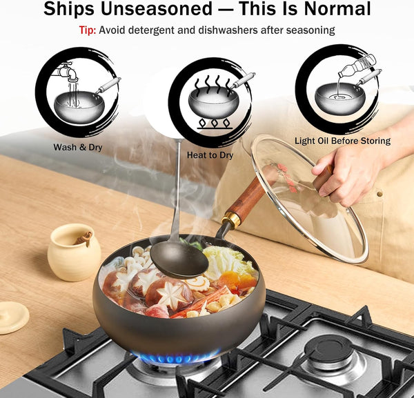 Carbon Steel Wok Pan Flat Bottom Iron Stir Fry Pan Induction Cookware 9.5 Inch Uncoated Small Traditional Skillet with Lid6