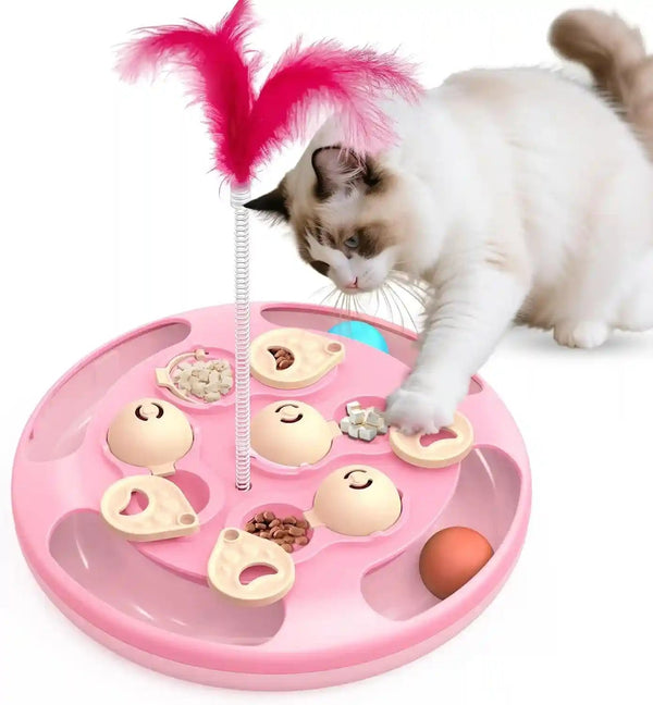 3 in 1 Cat Treat Puzzle Feeder, Level 3 Interactive Cat Puzzle Toy with Track Balls, Feather Teaser & Slow Feeder Insert, Non-Slip Base, Mental Stimulation for Bored Indoor Cats, Blue8