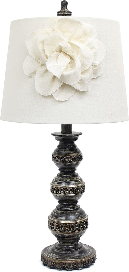 LT3097-WHT Stacked Ball Lamp with Couture Linen Flower Shade, Aged Bronze1