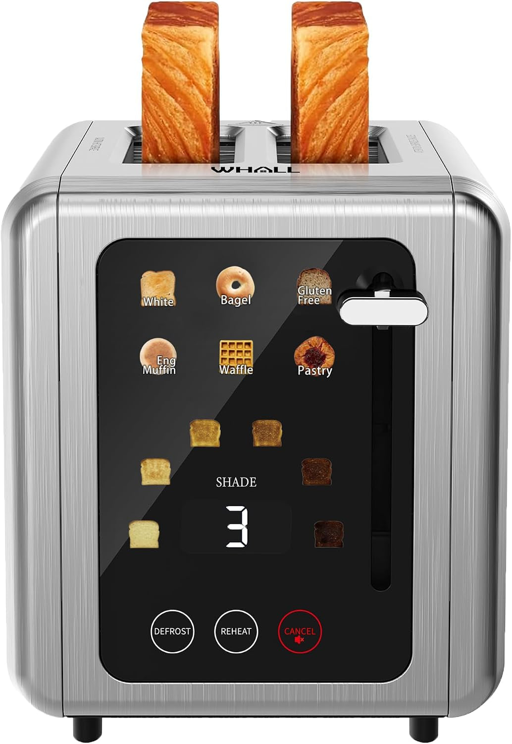 2-slice-toaster-smart-full-touch-screen-extra-wide-slots-silver-stainless-steel-6-shade-settings-reheat-defrost-mute-standby-cancel-bread-bagel-gluten-free-waffle-pastry-digital-timer