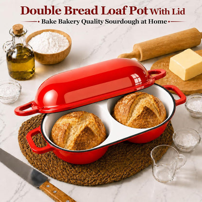 Double Dutch Oven for Sourdough Bread Baking,2.2Qt Enameled Cast Iron Dutch Oven Pot with Lid,500°F Oven Safe Non Stick Bread Loaf Pan,Sourdough Baking Pan for Homemade Baking（Red）8