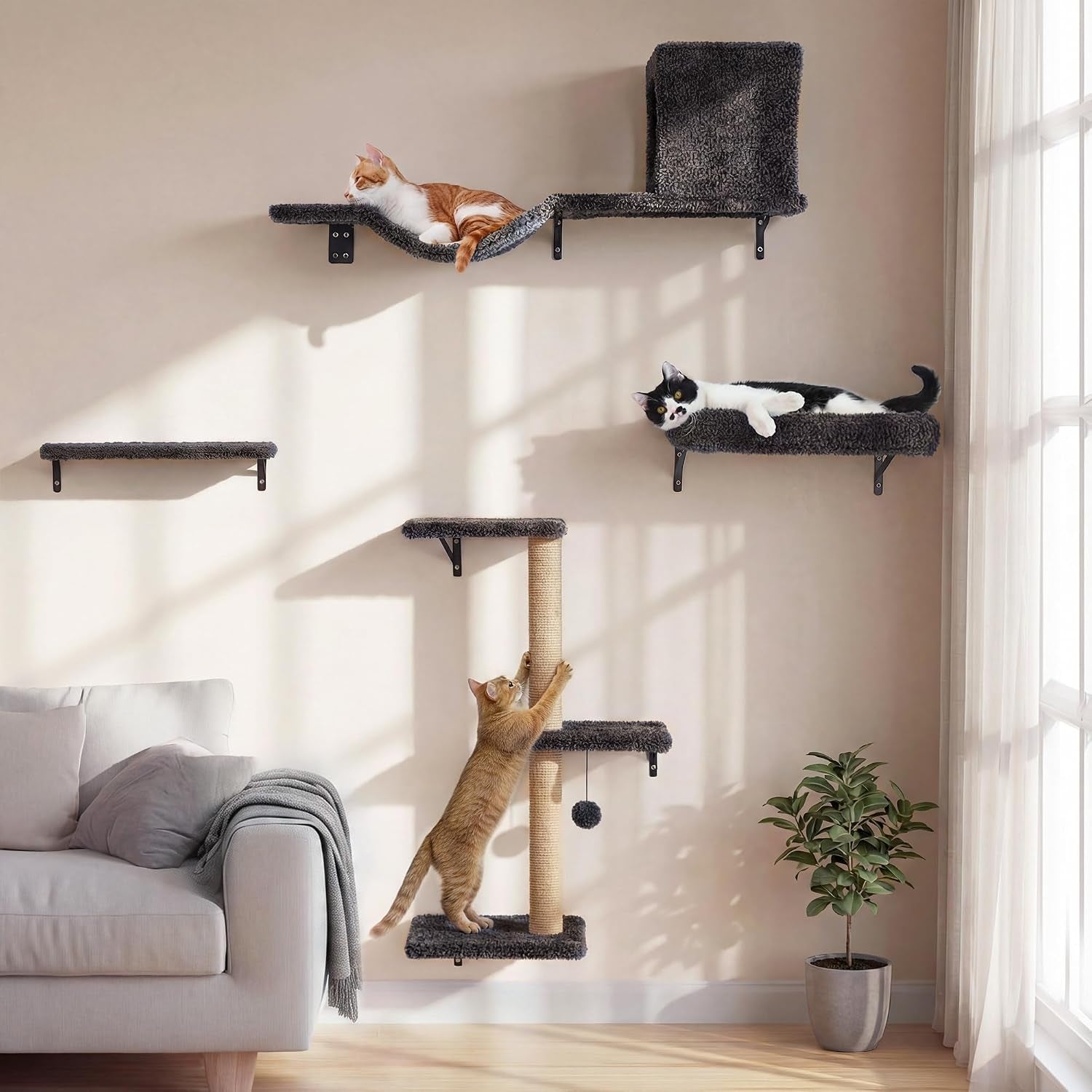 fukumaru-cat-wall-shelves-4-in-1-set-beige-stable-safe-cat-walls-furniture-wooden-kitten-climbing-wall-with-scratching-post-for-16-inch-drywall