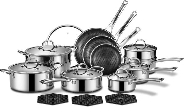 Pots and Pans Set Non Stick | Stainless Steel Kitchen Cookware | 20 Pcs | PFOA Free | Hybrid | Induction Compatible | Frying Skillet, Saucepans, Saute Pan & Stock Pot1