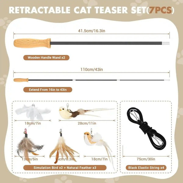 ROSAUI Cat Teaser Wand Toys, Interactive Bird Toys for Indoor Kittens, 42.15’’ Long Cat Fishing Pole Toys, 2Pcs Wires and 5Pcs Natural Refills, Sustainable Wooden Handles, Exercising, Playing2