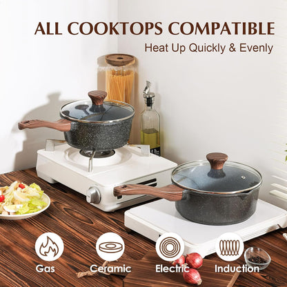 Nonstick Sauce Pan Set with Lid, 1.5+2 Quarts, PFOA/PFOS Free | Swiss Granite Coating Sauce Pot Kitchen Cooking Pot Sets, Induction Compatible2