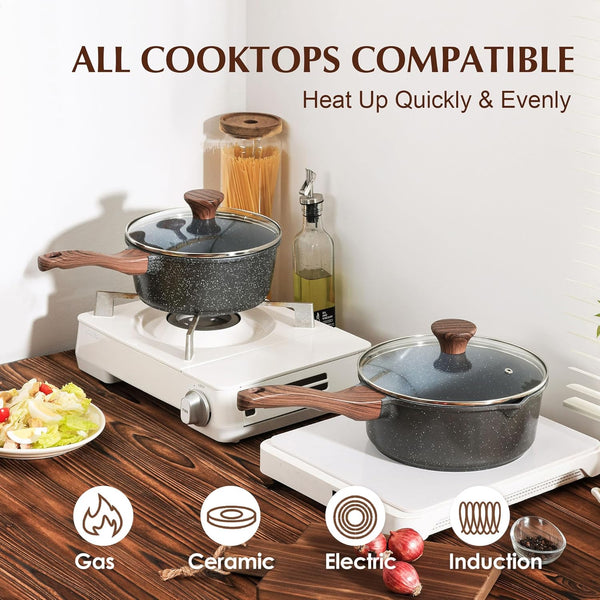 Nonstick Sauce Pan Set with Lid, 1.5+2 Quarts, PFOA/PFOS Free | Swiss Granite Coating Sauce Pot Kitchen Cooking Pot Sets, Induction Compatible2