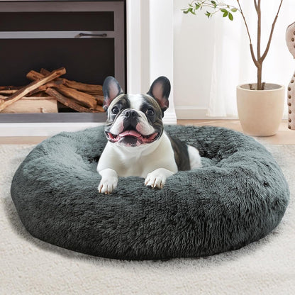 JOLLYVOGUE Small Dog Bed, Calming Dog Beds for Small Dogs & Indoor Cats - 20 Inches Donut Washable Cat Bed for Kittens & Puppies, round Fluffy Plush Faux Fur Pet Beds(Smoke Grey)58