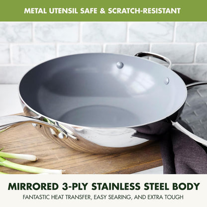 Valencia Pro Tri-Ply Stainless Steel 12” Wok with Lid, Pfas-Free Ceramic Nonstick Coating, Induction Ready Cookware, All Cooktops, Dishwasher & Oven Safe to 600F5
