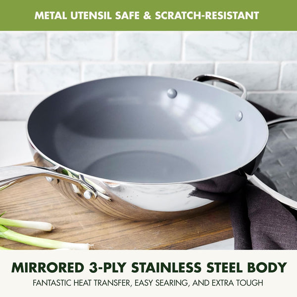 Valencia Pro Tri-Ply Stainless Steel 12” Wok with Lid, Pfas-Free Ceramic Nonstick Coating, Induction Ready Cookware, All Cooktops, Dishwasher & Oven Safe to 600F5