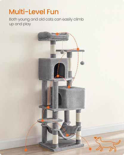 Feandrea Cat Tree, 59.5-Inch Tall Cat Tower, Plush Multi-Level Condo with 5 Scratching Posts, 2 Perches, 2 Caves, Hammock, 2 Pompoms, Light Gray UPCT192W013