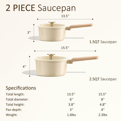Ceramic Nonstick 1.5Qt & 2.5Qt Sauce Pan Sets with Lid | Kitchen Non Toxic Cookware Set with Stay-Cool Handle, All Stovetops Compatible, PFOA Free, Easy to Clean2