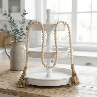 Farmhouse Beads Long Length Solid Wood Bead Boho Tassel Garland - Rustic Country Solid Beaded Boho Chic Decor for Wall, above Cabinet & Table7