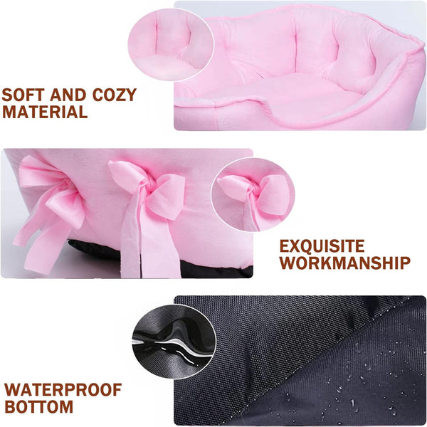 Cute Princess Dog Bed Pink Puppy Bed for Small Dogs Breathable Cat Couch Bowknot Pet Cushion Comfortable Kitten Nest Girl Doggy Sofa, Waterproof Bottom (Pink)4