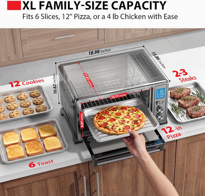 10-In-1 Convection Toaster Oven, 6-Slice Countertop Oven, 1500W | Bake, Broil, Rotisserie & Pizza Functions, LCD Knob Controls, 6 Accessories, with Toast, 1500W, Black Stainless Steel3
