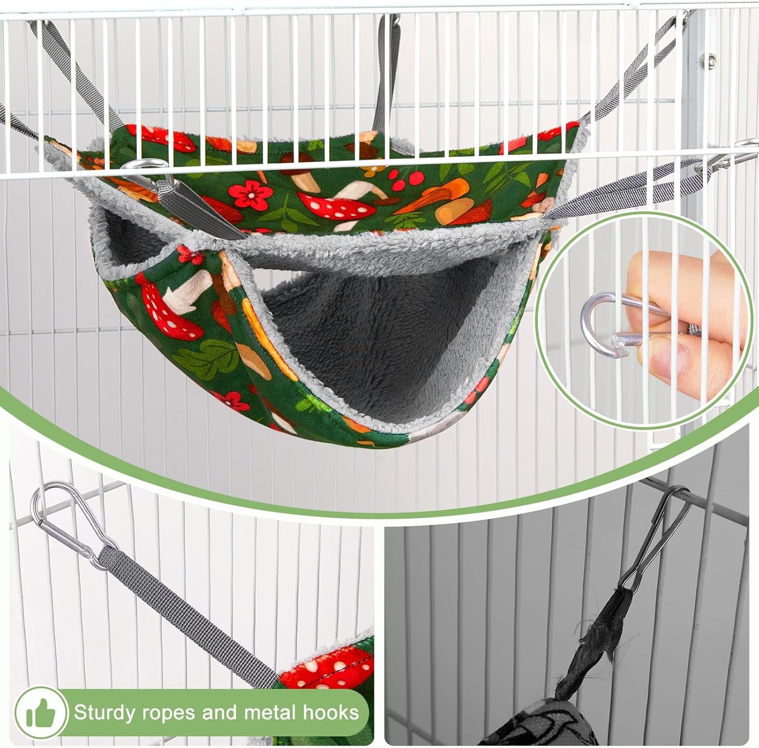 bienbee-2-pcs-ferret-rat-hammock-set-for-cage-washable-guinea-pig-hideout-bed-soft-small-animal-hammock-tunnel-toys-ferret-cage-accessories-for-hedgehog-sugar-glider-squirrel-hamster-green-mushroom