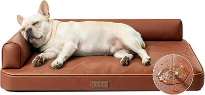 Outdoor Waterproof Dog Bed for Small Dogs, Egg Crate Foam Crate Pad with Raised Bolster, Removable Washable Leather-Look Cover, Non-Slip Bottom, Brown, for Dogs up to 20 In. Long1