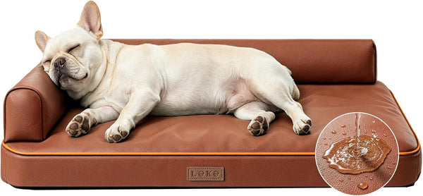 Outdoor Waterproof Dog Bed for Small Dogs, Egg Crate Foam Crate Pad with Raised Bolster, Removable Washable Leather-Look Cover, Non-Slip Bottom, Brown, for Dogs up to 20 In. Long1