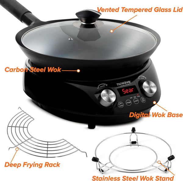 Mosaic Induction Wok, Precise Temp Controls from 100°F-575°F in 5°F | Wok Hei, Infuse Complex Charred Aroma & Flavor, 3 Watts 600, 900 & 1500, Authentic 14-Inch Carbon Steel Wok Included, Black5