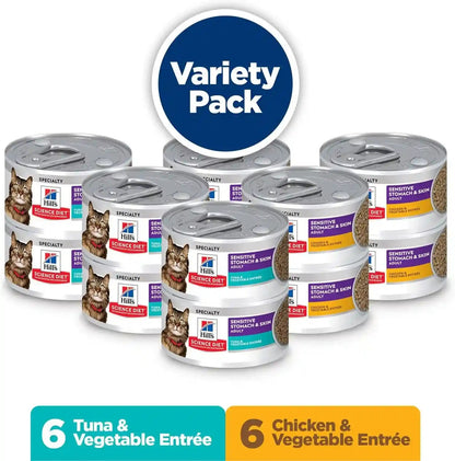 Hill'S Science Diet Sensitive Stomach & Skin Wet Cat Food Variety Pack | #1 Veterinarian Recommended, Adult Formula, Tuna & Vegetable, Chicken & Vegetable, 2.9 Oz. Cans, 12-Pack3