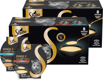 Sheba Bisque Cat Treats & Food Toppers, Variety, 1.4 Oz, 8 Count, 2-Pack | Grain-Free, Chicken & Tuna Recipes, Low-Calorie, Protein-Rich, Hydration Support, No Fillers/Artificial Flavors, 1.4 Oz Bowls1