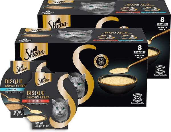 Sheba Bisque Cat Treats & Food Toppers, Variety, 1.4 Oz, 8 Count, 2-Pack | Grain-Free, Chicken & Tuna Recipes, Low-Calorie, Protein-Rich, Hydration Support, No Fillers/Artificial Flavors, 1.4 Oz Bowls1