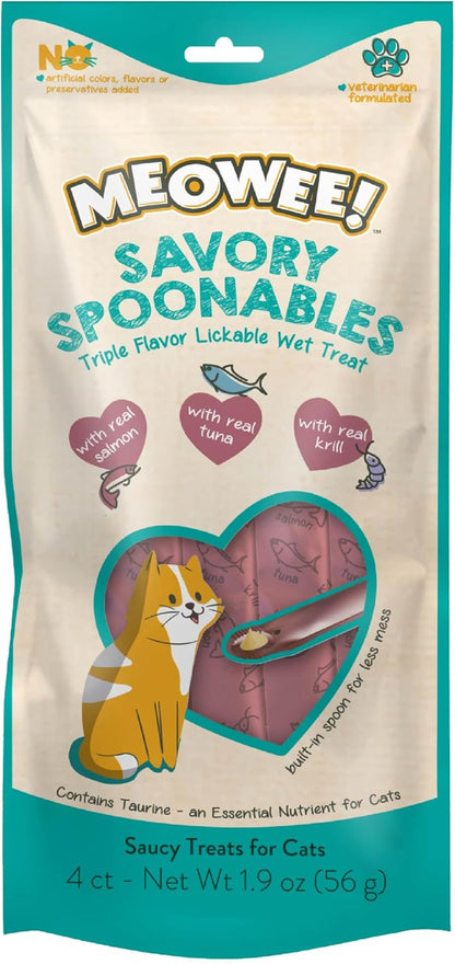 MEOWEE! Savory Spoonables Variety Pack, 12 Count Tube, Triple Flavor Squeezable Lickable Wet Treats for Cats with Built-In Spoon for Less Mess18