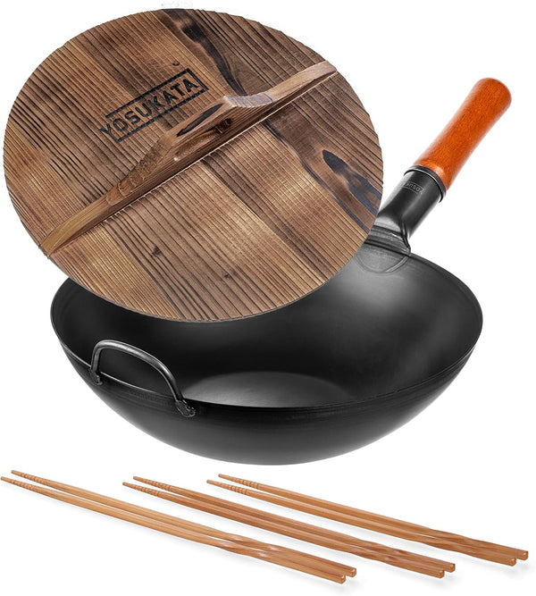 Carbon Steel Wok Pan 13,5 “ + Premium Wok Cover 13.5 Inch Pan Lid + Natural Wooden Long Cooking Chopsticks Set of 3 Pairs1
