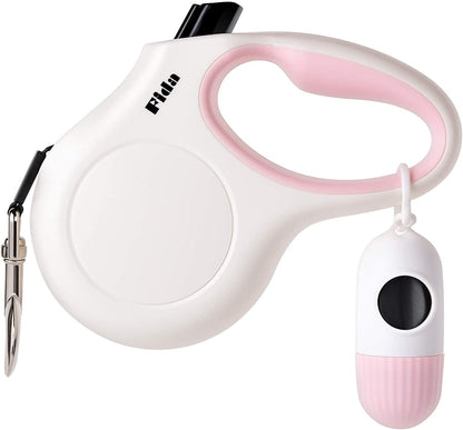 Fida Retractable Dog Leash for Small Breed up to 26 Lbs, 16 Ft Pet Walking Leash with Dispenser and Poop Bags, Anti-Slip Handle, Reflective Strong Nylon Tape, One-Handed Brake (S, White & Pink)1